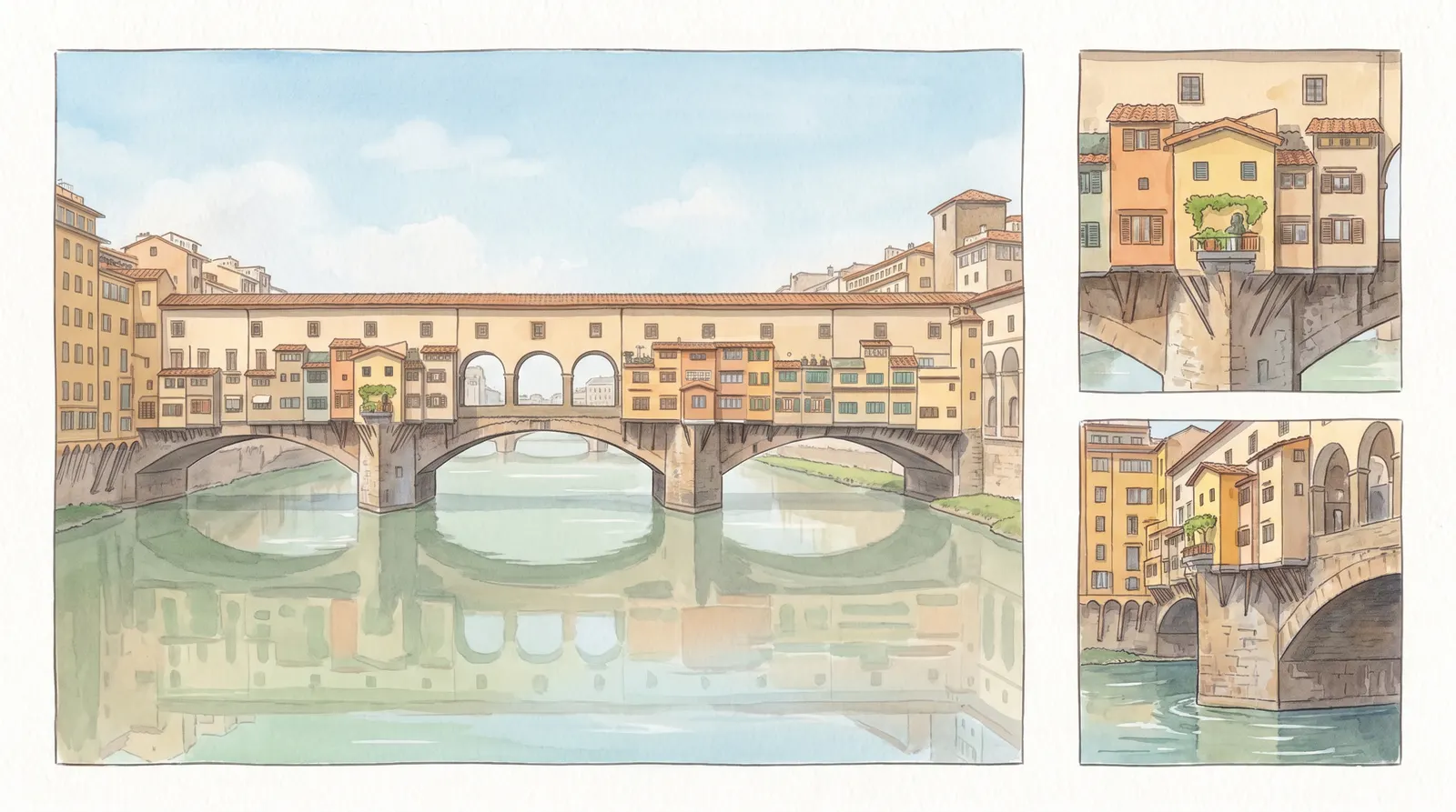 Il Ponte Vecchio ridisegnato ad acquerello.